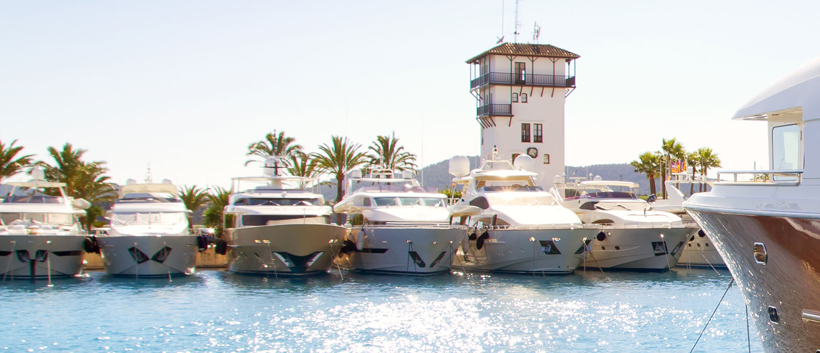 Yachthafen Puerto Portals mit Luxusjachten und Palmen – mediterraner Lifestyle unweit der Villa Lumina in Bendinat auf Mallorca
